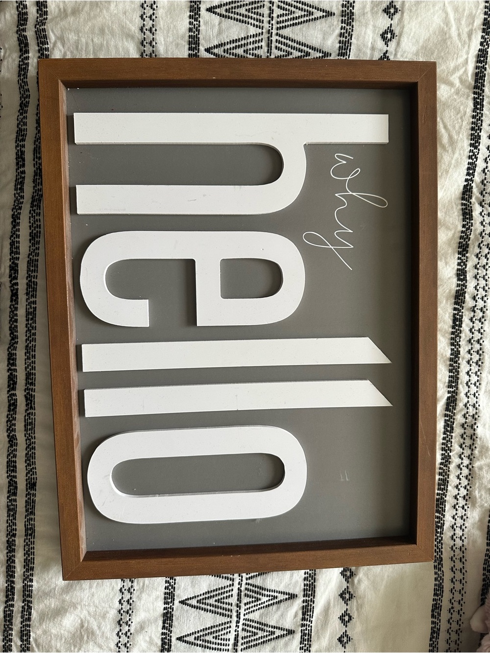 WOODEN FRAMED 'HELLO' WALL SIGN - WHITE LETTERS ON GRAY